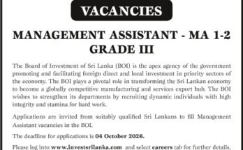 Advertisment =Management Assistant - Board Of Investment Of Sri Lanka