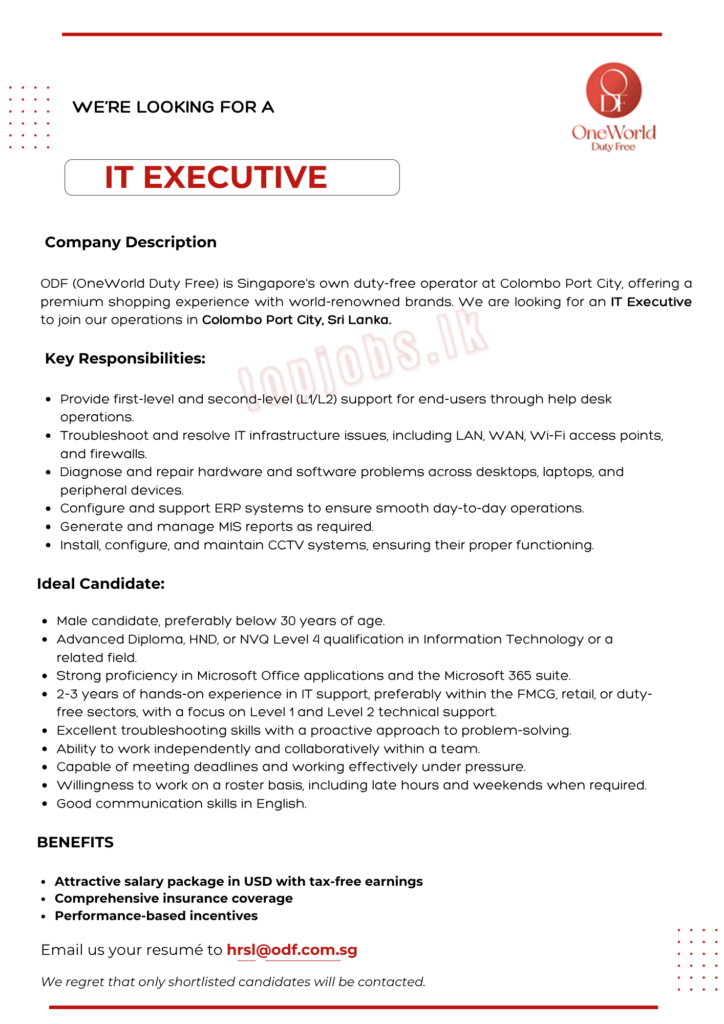 IT Executive - One World Duty Free Vacancies 2026