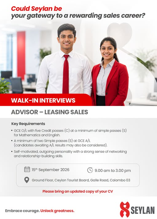 Seylan Bank Walk-in Interview 2026: Advisor – Leasing Sales