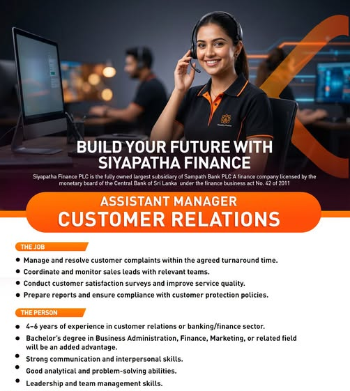 Siyapatha Finance Careers: Assistant Manager – Customer Relations