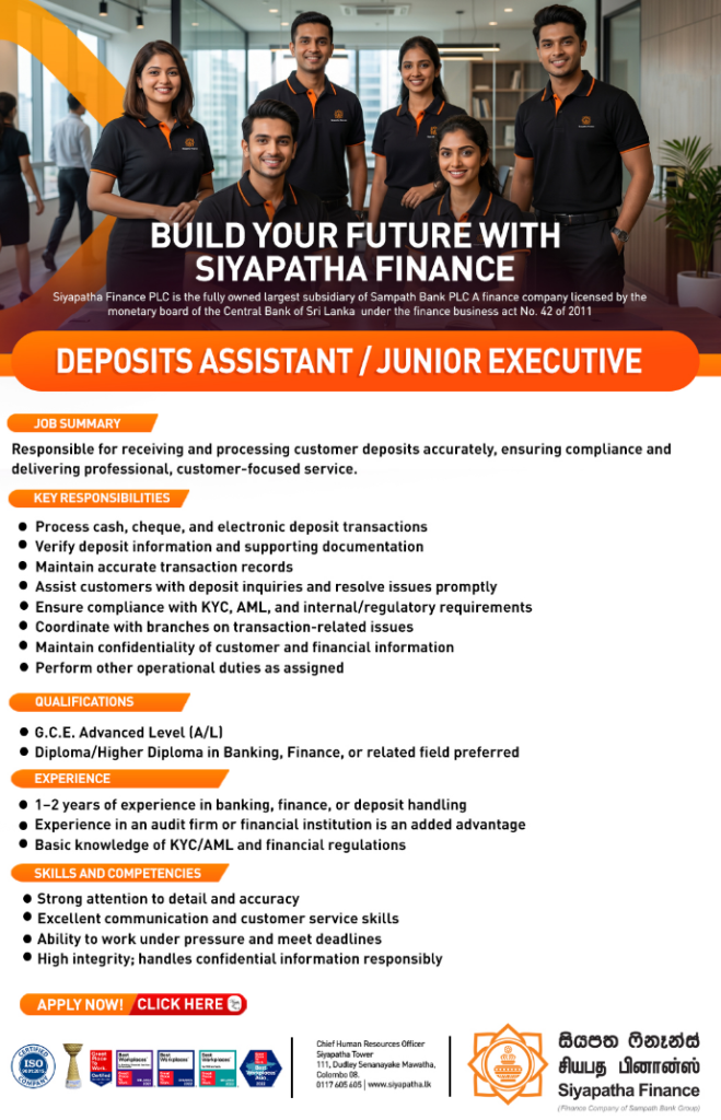 Siyapatha Finance Vacancies 2026: Deposits Assistant / Junior Executive