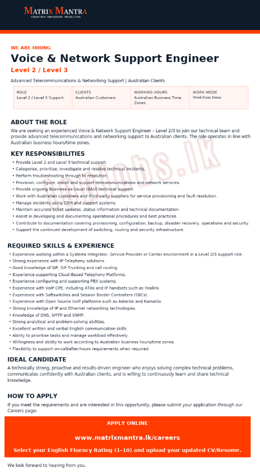 Voice & Network Support Engineer - Matrix Mantra Vacancies 2026
