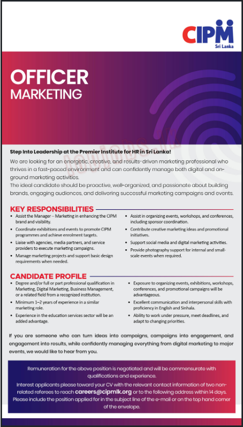 Officer (Marketing) Vacancy at CIPM Colombo