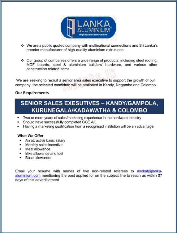 Senior Sales Executive Post at Lanka Aluminium Industries PLC Colombo