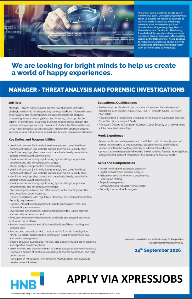 Manager Threat Analysis and Forensic Investigations Vacancy - HNB Careers 
