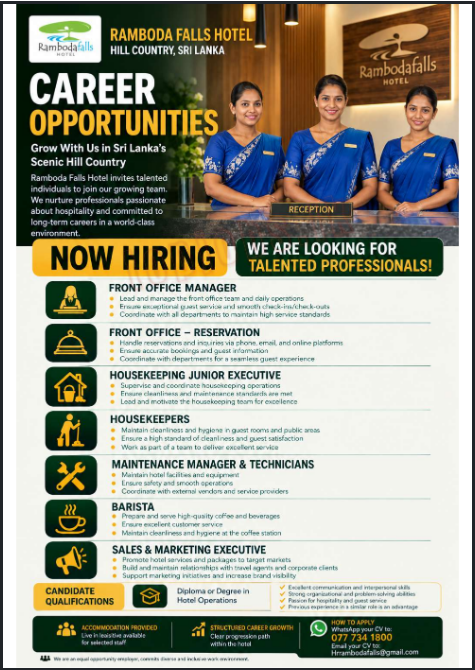 Ramboda Falls Hotel Nuwara Eliya: Available Vacancies 2026