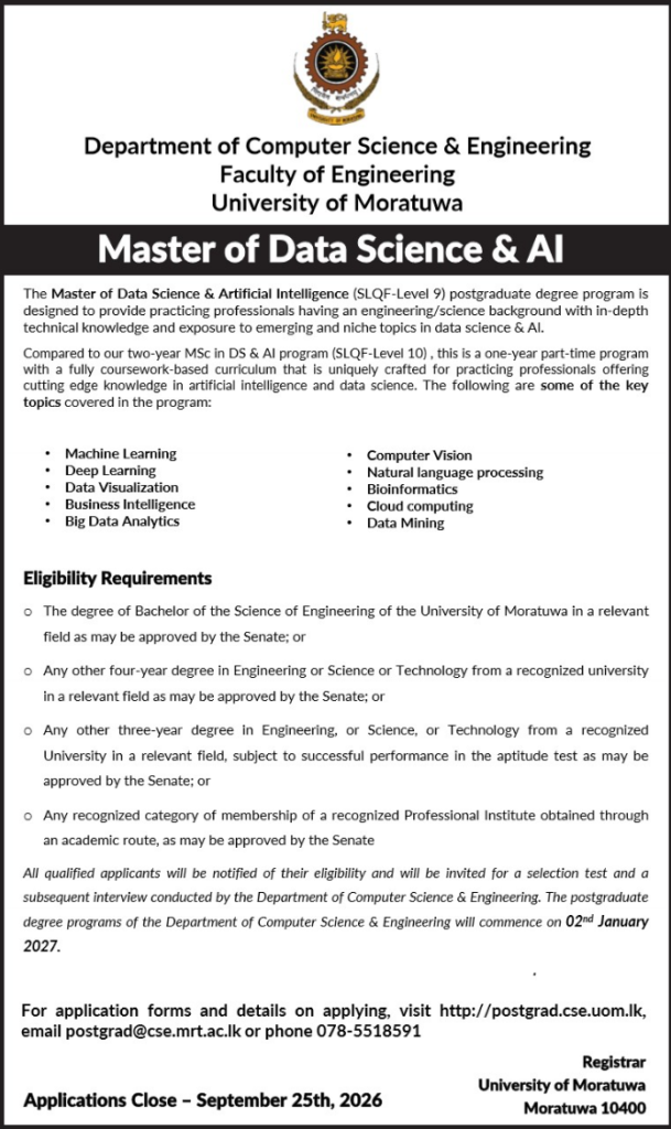 Master of Data Science and AI Course University of Moratuwa 