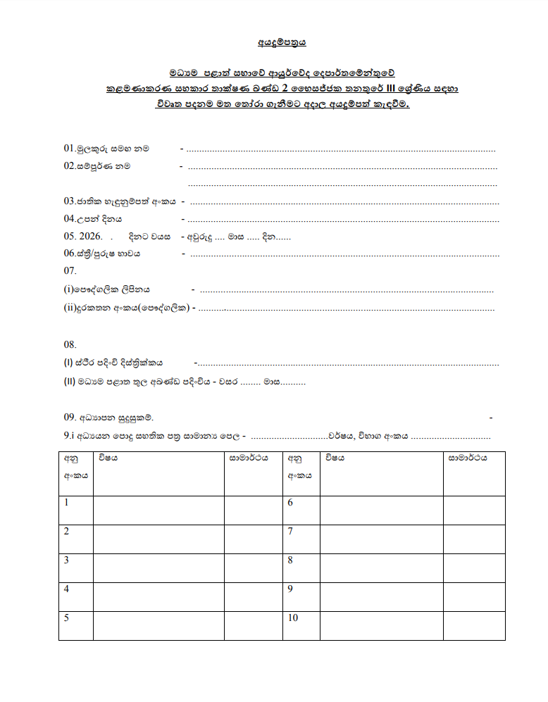 Central Provincial Department of Ayurveda Pharmacist Grade III Recruitment 2026