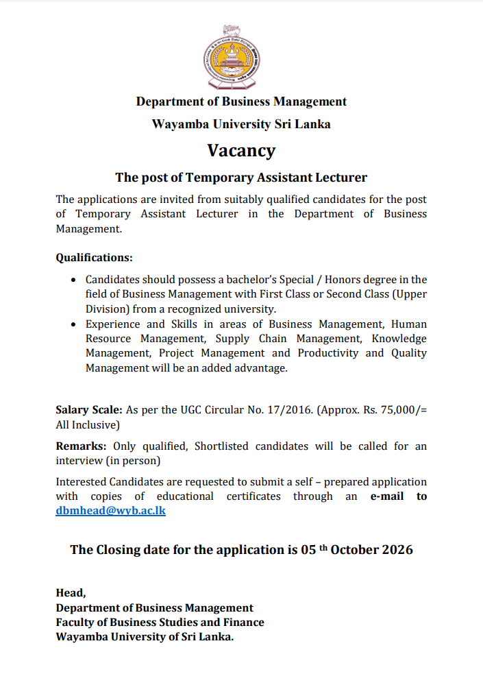 Temporary Assistant Lecturer source: wyb.ac.lk