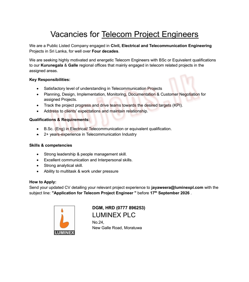 Advertisement - Telecom Project Engineers - Luminex PLC