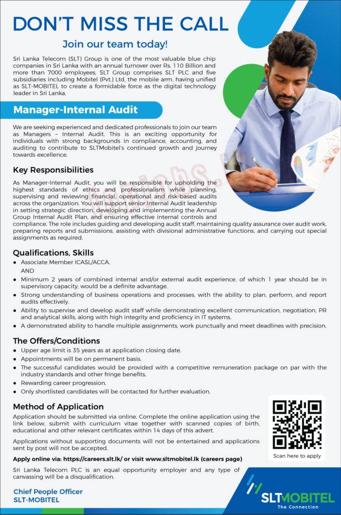 Advertisement - Manager (Internal Audit) - Sri Lanka Telecom PLC
