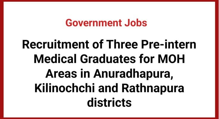 Recruitment of Three Pre-intern Medical Graduates for MOH Areas in Anuradhapura, Kilinochchi and Rathnapura districts