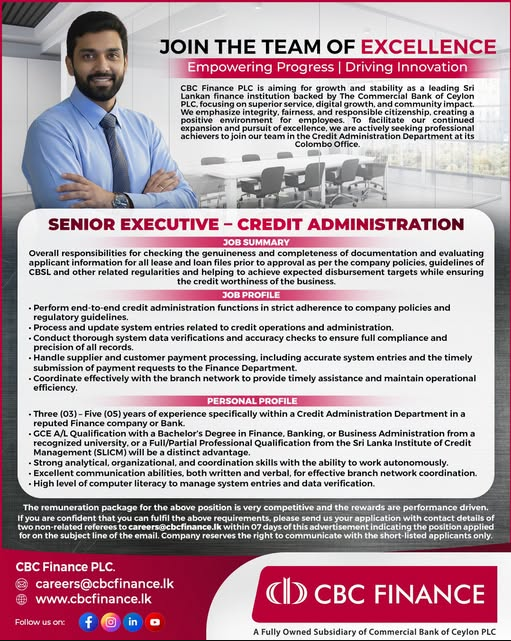 Advertisement - Senior Executive – Credit Administration (CBC Finance PLC)