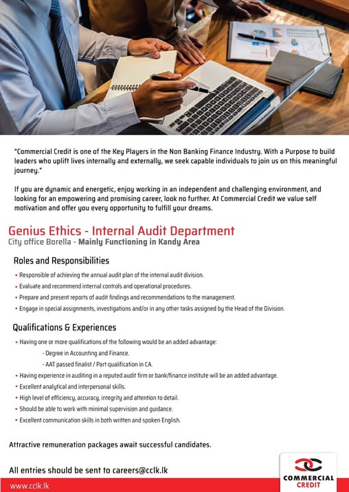 Advertisement - Genius Ethics - Internal Audit Department Commercial Credit and Finance PLC