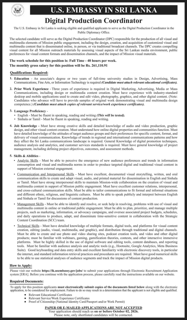 Digital Production Coordinator - U.S. Embassy in Sri Lanka